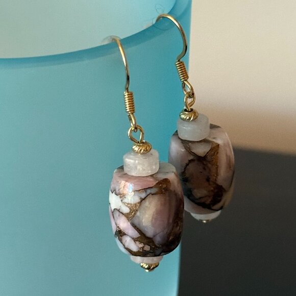 Kingman Pink Opal and Bronze with Rose Quartz Pierced Barrel Earrings - Picture 2 of 4